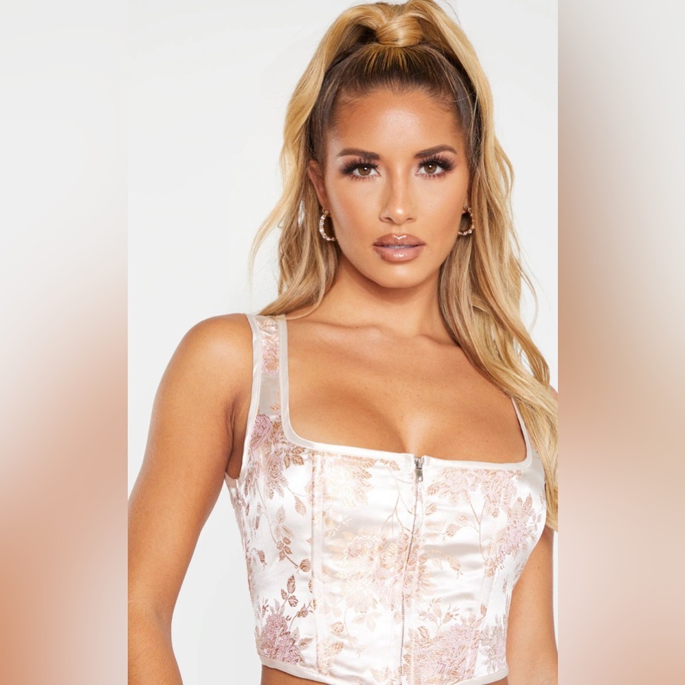 Pretty Little Thing Pink Satin Print Zip Front Corset